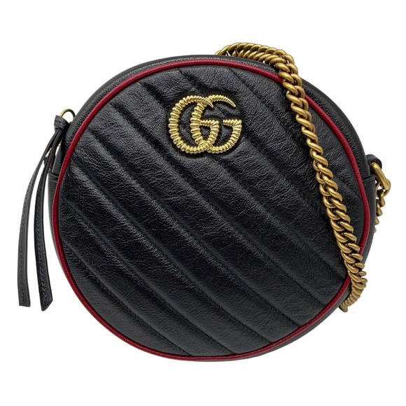 GUCCI BLACK / RED GG MARMONT MINI ROUND SHOULDER BAG - Picture 1 of 14